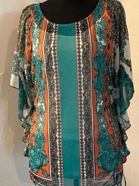 Studio Y Teal & Orange Printed Flutter-Sleeve Tunic